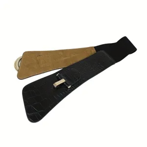 Detailed shot of wide black crocodile pattern elastic waist belt for dresses