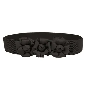 Elegant black elastic waist belt for women featuring three decorative fabric flowers