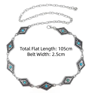 Detail view of a bohemian silver metal chain belt with turquoise stone inlays
