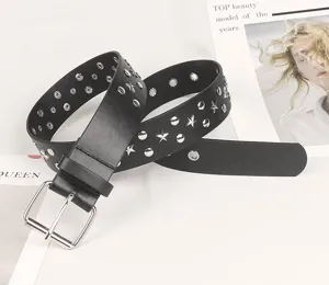 Retro Y2K black faux leather belt with silver star studs and square metal buckle