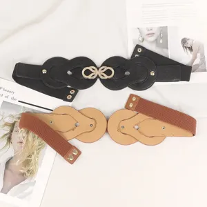 Punk style elastic wide waist belt with decorative metal buckle for dresses and coats