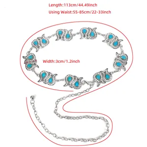 Silver metal waist chain with turquoise stones and adjustable length measurement