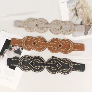 Punk style wide elastic belts for women with gold rivet decorations in three colors