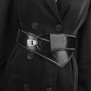 Women Punk Rivet Wide Corset Belt Fashion PU Leather Alloy Round Buckle Elastic Waistband For Dresses Coats Suits