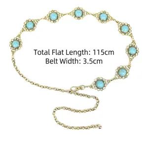 Close-up of turquoise metal chain belt detailing its bohemian style and 115cm length