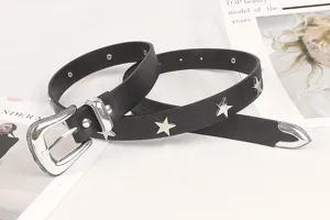 Close-up of black retro belt with silver star studs and vintage buckle design.
