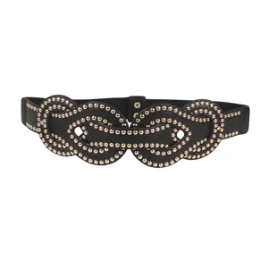 Punk style black elastic wide waist belt for women decorated with golden rivets