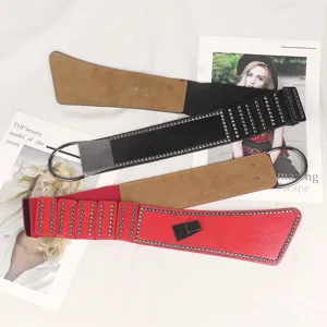Wide punk style rivet waist cincher belt with elastic band and double metal ring buckle