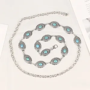 Bohemian Turquoise Metal Chain Belt For Women Vintage Adjustable Hollow Carved Floral Waist Chain Decorative Jewelry Belt For Dresses