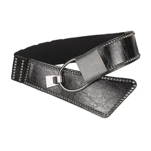 Black wide rivet punk corset belt for women with elastic band and silver round buckle