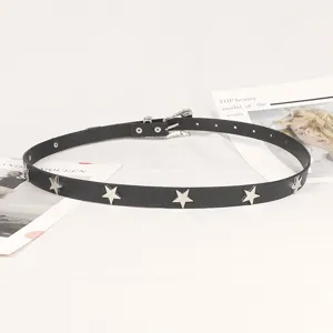 Retro Y2K black faux leather belt featuring silver star studs and vintage metal buckle