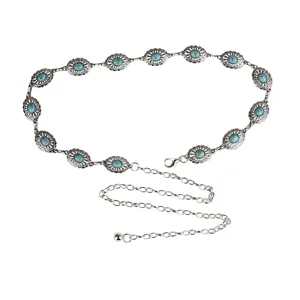 Elegant silver metal chain belt for women featuring decorative turquoise stones and link design