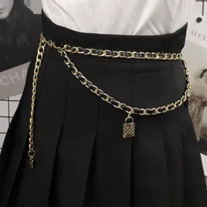 Elegant gold metal chain belt with woven black leather and a stylish padlock charm