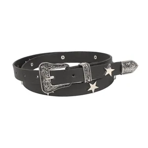 Retro y2k black leather belt with silver star studs and ornate western buckle