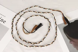 Detailed view of a retro tri-color braided waist rope with stylish tassel decorations