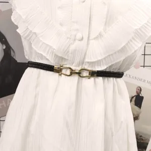 Cinturón elástico negro elegante con hebilla de herradura dorada para vestidos