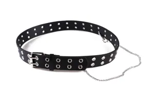 Close-up detail of black punk eyelet belt with double-row buckles and silver chain