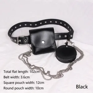 Fashion black PU leather waist belt with square pouch and round coin purse set for women