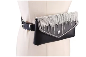 Close-up of elegant black leather waist bag with sparkling rhinestone fringe detail