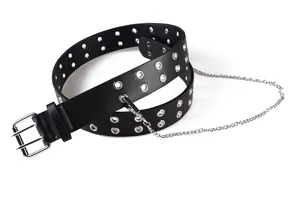 Black punk style belt with double row metal eyelets and a decorative silver chain detail