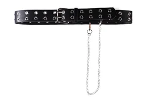 Punk style black double-row eyelet belt for women with decorative silver chain accent