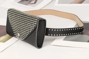 Punk style black leather belt bag with silver stud rivets for women's fashion accessory