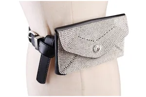 Detail shot of elegant black leather belt bag with shimmering full rhinestone envelope flap