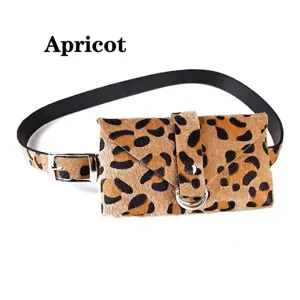 Women Leopard Print Faux Pony Hair Waist Bag Belt Fashion Slim PU Leather Waist Belt With Small Square Pouch Purse