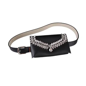 Elegant black faux leather belt bag with leaf-shaped rhinestone crystal decoration