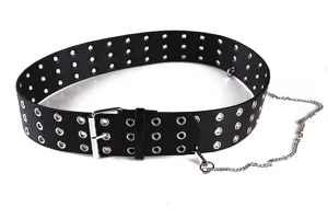Detailed view of punk black wide belt with triple-row eyelets and silver chain