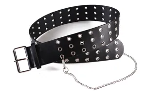 Detailed view of a black punk leather belt with triple grommet rows and silver chain.