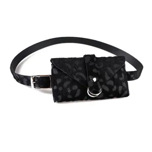Leopard print horsehair belt bag with thin strap for women in black and gray tones