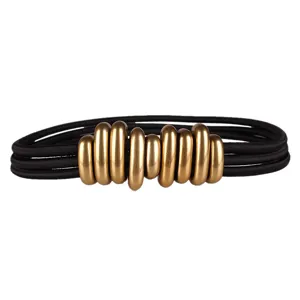 Vintage black elastic waist belt for women with matte gold caterpillar metal rings buckle