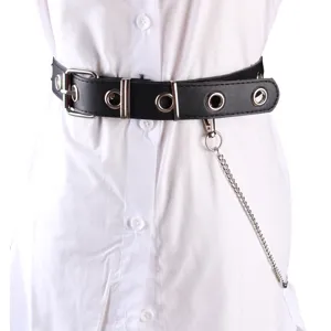 Stylish black punk PU leather belt featuring silver metal grommets and a dangling chain