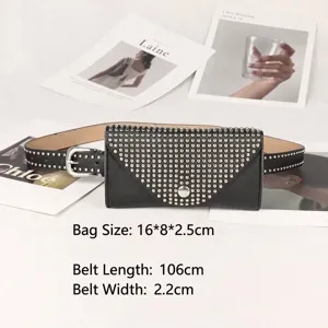 Black punk style rivet fanny pack belt bag for women with silver hardware