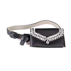 Elegant black leather waist bag featuring a stunning V-shaped rhinestone decoration and belt