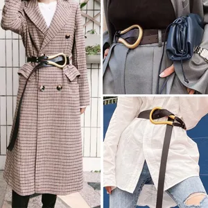 Ceinture élégante en cuir pour femme avec grande boucle dorée en U pour manteaux