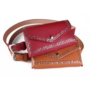 Vintage punk style studded waist bag with adjustable belt for women, red and brown