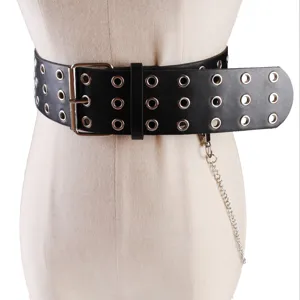 Gothic punk style wide black belt featuring silver metal grommets and a detachable chain