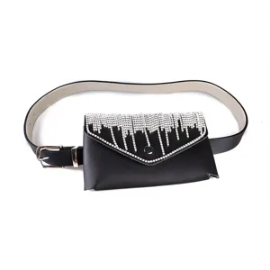 Elegant black leather waist bag with sparkling rhinestone fringe and matching belt