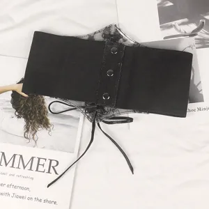 Wide black elastic lace corset belt with lace-up design for women's stylish dresses