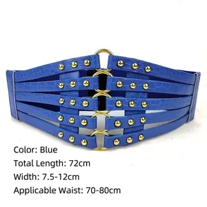 Detailed view of the blue elastic cinch belt with gold rivets and ring buckle.