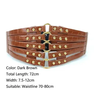 Detailed view of brown vintage rivet corset belt with cutout elastic design