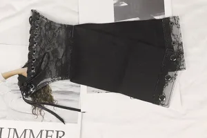 Detail view of black lace elastic corset belt with lace-up grommet design.