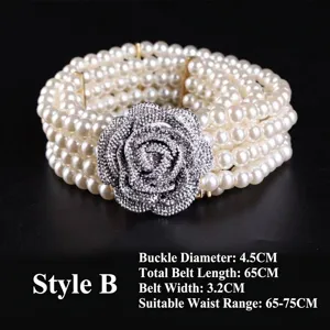 Detailed view of four-row elastic pearl belt with sparkling rhinestone flower buckle