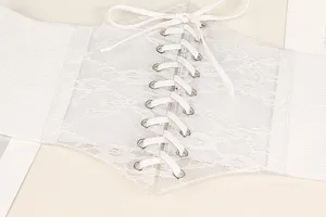Detail view of white lace elastic corset belt with lace-up ribbon and bow