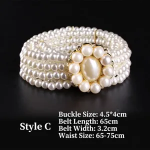 Elegant four-row pearl elastic belt with vintage flower rhinestone buckle for women