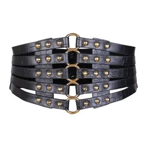 Vintage black hollow-out corset belt with rivets and gold rings for women dresses
