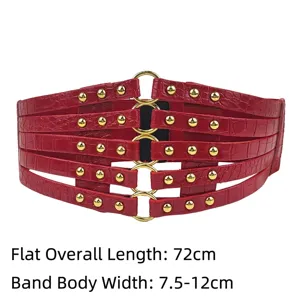 Red faux crocodile wide elastic belt with gold rivets and ring buckle
