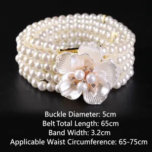 Elegant four-row white pearl elastic belt featuring a vintage rhinestone flower buckle